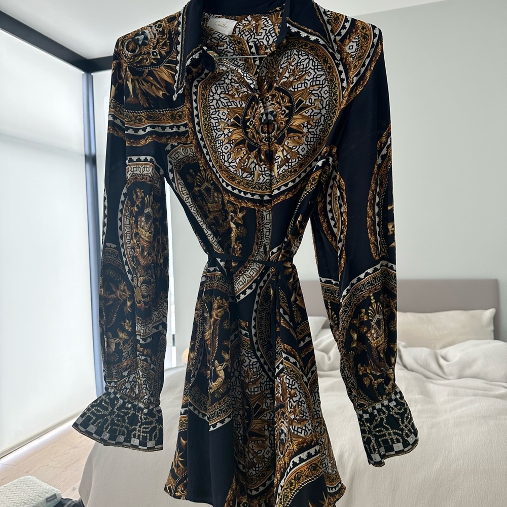 Camilla Black and Gold Baroque Print Dress
